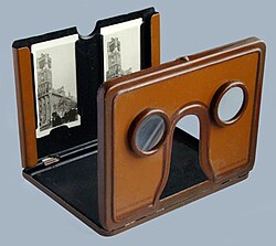 Stereoscopy with a binocular stereoscope, showing the two lenses a person looks through to see a 3D image formed behind them