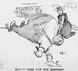 This 1902 illustration by Rea Irvin from the Hawaiian Gazette newspaper humorously illustrates the Anti-Saloon League and the Women's Christian Temperance Union's campaign against the producers and sellers of beers in Hawaii.