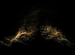 Still frame from Loops, a digital art collaboration with Cunningham and The OpenEnded Group that interprets Cunningham's motion-captured dance for the hands.
