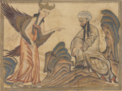 A depiction of Muhammad receiving his first revelation from the angel Gabriel. From the manuscript Jami' al-tawarikh by Rashid-al-Din Hamadani, 1307, Ilkhanate period.