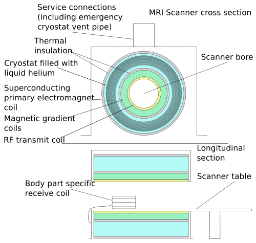 Schematic of a cylindrical superconducting MR scanner. Top: cross section of the cylinder with primary coil, gradient coils and RF transmit coils. Bottom: longitudinal section of the cylinder and table, showing the same coils and the RF receive coil.