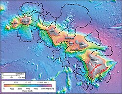Black dashed lines delineate 17 distinct landslides that have occurred around the Hawaiian Islands over the last several million years