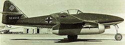Right side view of aMesserschmitt 262 jet fighter captured by the United States Army Air Forces on the ground.