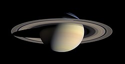 The rings of Saturn, imaged here by Cassini in October 2004, are the most massive and conspicuous in the Solar System.[48]