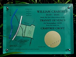 Plaque commemorating Crabtree's observation near his home in Broughton