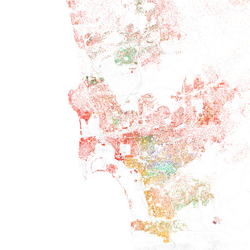 Map of racial distribution in San Diego, 2010 U.S. Census. Each dot is 25 people: ⬤ Non-Hispanic White ⬤ Black ⬤ Asian ⬤ Hispanic ⬤ Other
