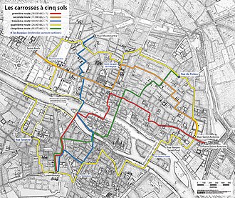 Route map of the carrosses à cinq sols in central Paris