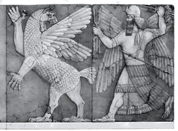 Ninurta with his thunderbolts battles the winged Anzû, palace relief, Nineveh.
