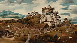 "Episode from the Conquest of America" by Jan Mostaert (c. 1545), probably Coronado in New Mexico