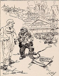 A 1912 xenophobic cartoon blaming foreigners for threatening economic prosperity in the United States
