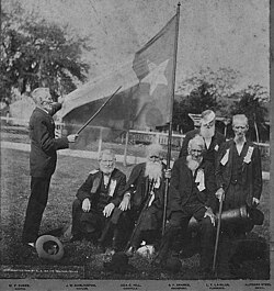 April 21, 1906, Army of the Republic of Texas veteran reunion. L–R are William P. Zuber, John W. Darlington, Aca C. Hill, Stephen F. Sparks, L. T. Lawlor, and Alfonso Steele. All participated in the Battle of San Jacinto, as well as other skirmishes.[93]