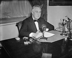 President Franklin D. Roosevelt delivers a radio address in 1933.