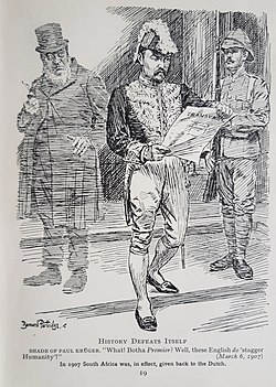 A Punch cartoon expressing surprise at Botha's appointment as Premier of the Transvaal Colony. The cartoon states: "SHADE OF PAUL KRUGER. "What! Botha Premier? Well, these English do 'stagger Humanity'!" In 1907 South Africa was, in effect, given back to the Dutch.", 6 March 1907.