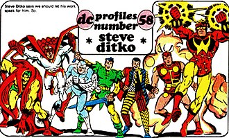 A panoply of Ditko DC Comics characters, from a "DC Profiles" biographical page appearing in comics cover-dated April 1980, including Batman #322 and The Legion of Super-Heroes #262. From left: the Creeper; Hawk and Dove; Stalker; the Odd Man; Shade, the Changing Man; Starman.