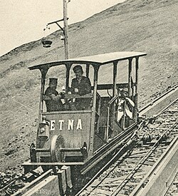 "Etna", one of a pair of early funicular cable cars on Mount Vesuvius; the other cable car of the pair was named "Vesuvio"; about 1900