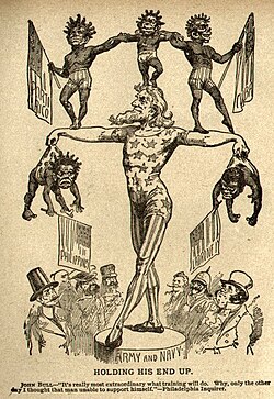 In 1899 Uncle Sam balances his new possessions which are depicted as "savage" children. The figures are Puerto Rico, Hawaii, Cuba, Philippines and "Ladrone Is." (the Mariana Islands).