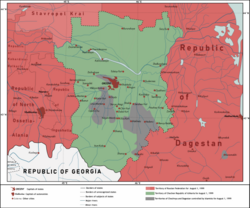 Situation in Chechnya in the period between the end of the First Chechen War and the beginning of the Second Chechen War: In red the territory under the control of the Russian Federation, in green the territory under the control of the Chechen Republic of Ichkeria, and in grey the areas under the control of the islamists[citation needed].