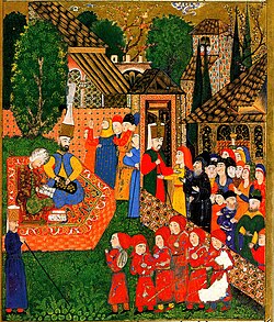 Registration of Christian boys for the tribute in blood. Ottoman miniature painting, 1558.[18]