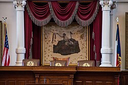 The San Jacinto Liberty Flag was the only flag used by the Texans during this battle. It was made by Catherine Sherman wife of Sydney Sherman for the Newport Rifle Company of Sherman's regiment.[66] The flag is currently being held in the Texas house of representatives as shown here.