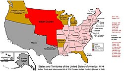 Indian Country (highlighted in red) in US claimed territories, 1834