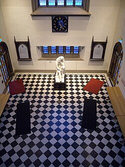 Statue of Galileo by Pio Fedi (1815–1892) inside the Lanyon Building of the Queen's University Belfast. Sir William Whitla (Professor of Materia Medica 1890–1919) brought the statue back from Italy and donated it to the university.