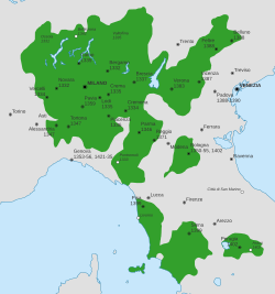 The Duchy of Milan (1395–1447 and 1450–1796) at the time of Gian Galeazzo Visconti's death in 1402. The Golden Ambrosian Republic (1447–1450) briefly existed between the end of the Visconti period in 1447 and the start of the Sforza period in 1450.