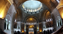 Neobyzantine vaults in Saint Sava. The vaults, 37.7 m high and 24 m wide are designed as concrete boxes. They were prefabricated and lifted with chains to their shown positions.