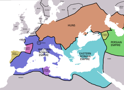 Map of the approximate political boundaries in Europe around 450 AD
