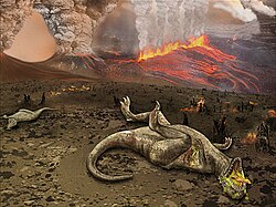 An illustration of the Deccan Trap eruption that may have caused the extinction of the dinosaurs