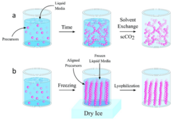 Comparison of aerogel fabrication strategies showing typical transitions into an aerogel: (a) the supercritical drying process where precursor materials undergo gelation prior to supercritical drying. (b) A standard freeze-drying technique where an aqueous solution is frozen.