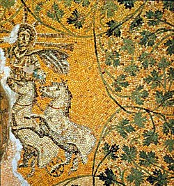 A mosaic dated to around 300 AD in the Tomb of the Julii, an apparently Christian tomb in the Vatican Necropolis. Most scholars believe it depicts Jesus as the sun god Sol / Helios.[207][208]