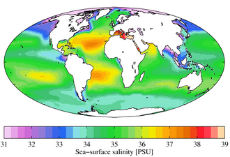 Annual mean sea surface salinity for the World Ocean. Data from the World Ocean Atlas 2009.[1]