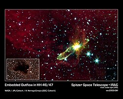 Infrared image of the molecular outflow from an otherwise hidden newborn star HH 46/47