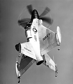 A Convair XFY Pogo showing its landing gear