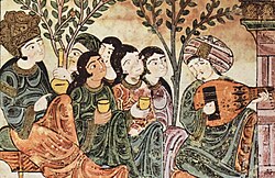 Lute song in a garden for a noble lady. 13th century manuscript from Andalusi Hadith Bayad wa Riyad.