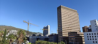Modern cranes used as part of the reconstruction of the Houses of Parliament, in Cape Town CBD