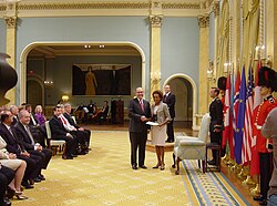 Jacobson presents his letter of credence to Governor General Michaëlle Jean in the ballroom of Rideau Hall, 29 October 2009
