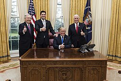 Donald Trump, Mike Pence, Paul Ryan, and McConnell celebrate the passage of the Tax Cuts and Jobs Act of 2017, December 2017
