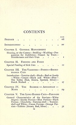 A table of contents from a book about cats with descriptive text