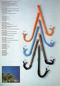 A range of 1970s snorkels made to British Standard BS 4532:1969