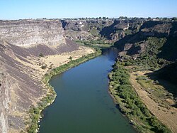 The Snake River cutting through the plain leaves many canyons and gorges, such as this one near Twin Falls, Idaho