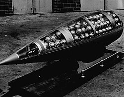 Honest John missile warhead cutaway, showing M134 Sarin bomblets (photo c. 1960)