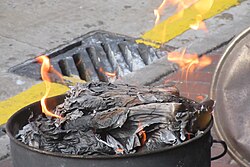 Joss paper ash. With wind and dispersion, the size of particulates decreases, while the number of particles increases.