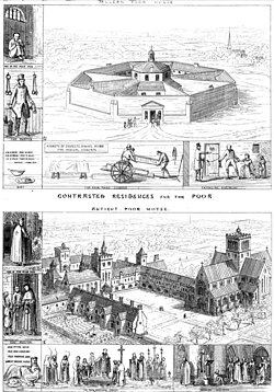 Contrasted Residences for the Poor (1836), by Augustus Pugin. He was critical of Kempthorne's octagonal design shown above.