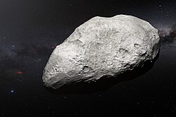 Artist's impression of plutino and possible former C-type asteroid (120216) 2004 EW95[90]