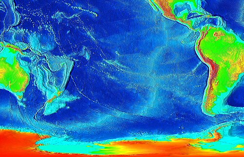 Relief map with the East Pacific Rise (shown in light blue), extending south from the Gulf of California