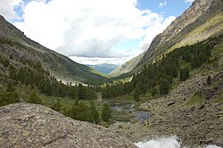 A glaciated valley in the Altai Mountains of Russia showing the characteristic U shape.