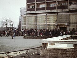 A queue for cooking oil in Bucharest, 1986