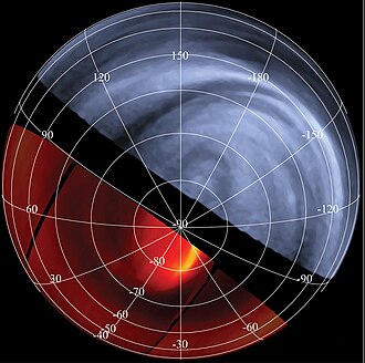Venus in infrared (here as red) and ultraviolet light by Venus Express, December 2008