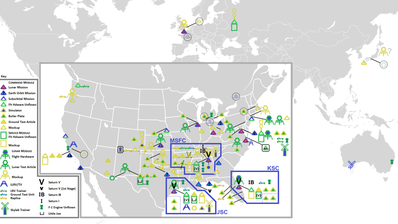 World map showing locations of Apollo Lunar Modules (along with other hardware)